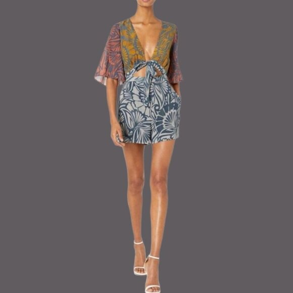 BCBGMAXAZRIA Ivy Floral Print Blocked Tie Front Woven Romper Multicolor Xsmall - Picture 1 of 16